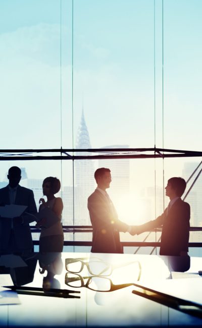 Back,Lit,Business,People,Corporate,Cityscape,Handshake,Concept